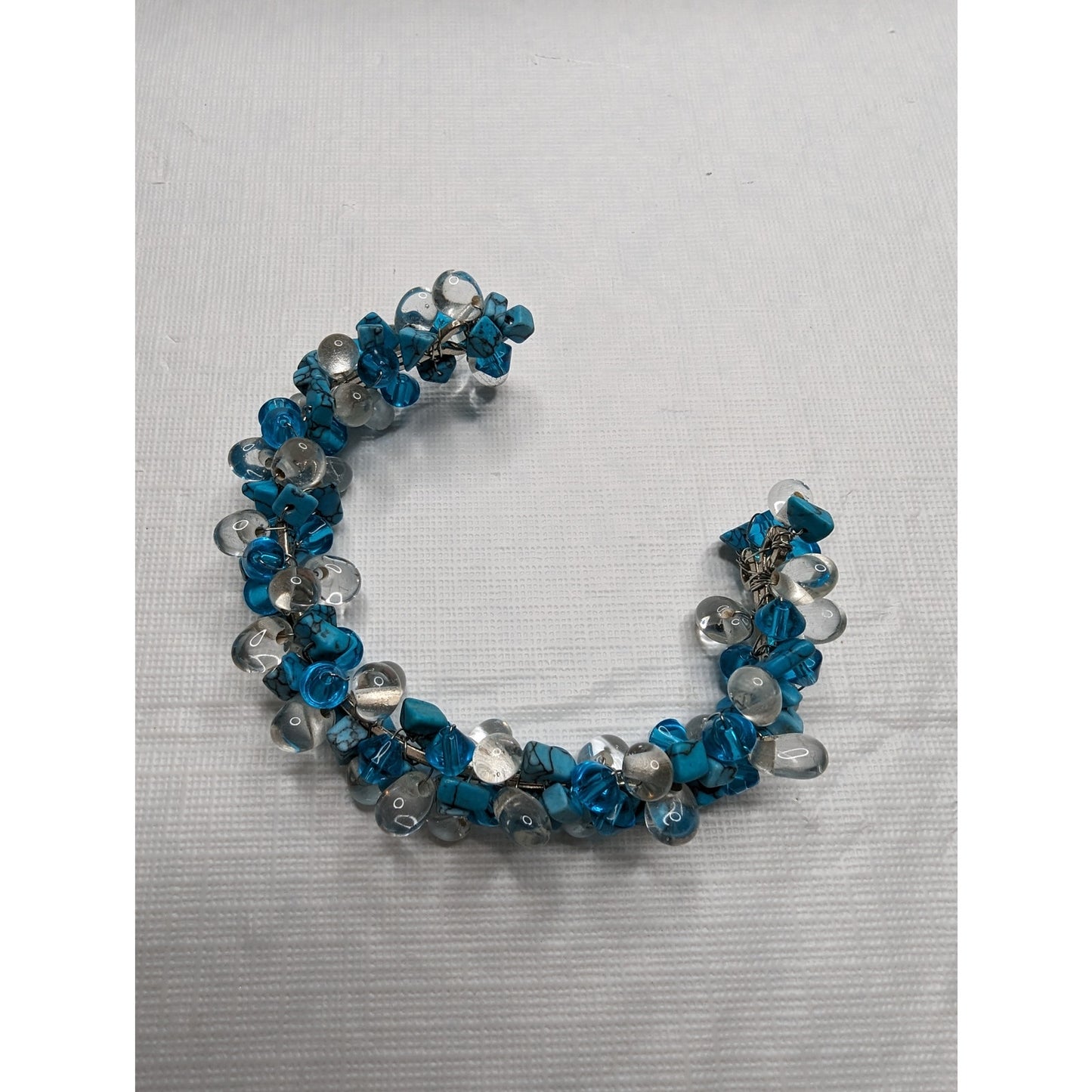 Vintage 1990s Glass Beaded Bangle Bracelet Blue and Clear Beads