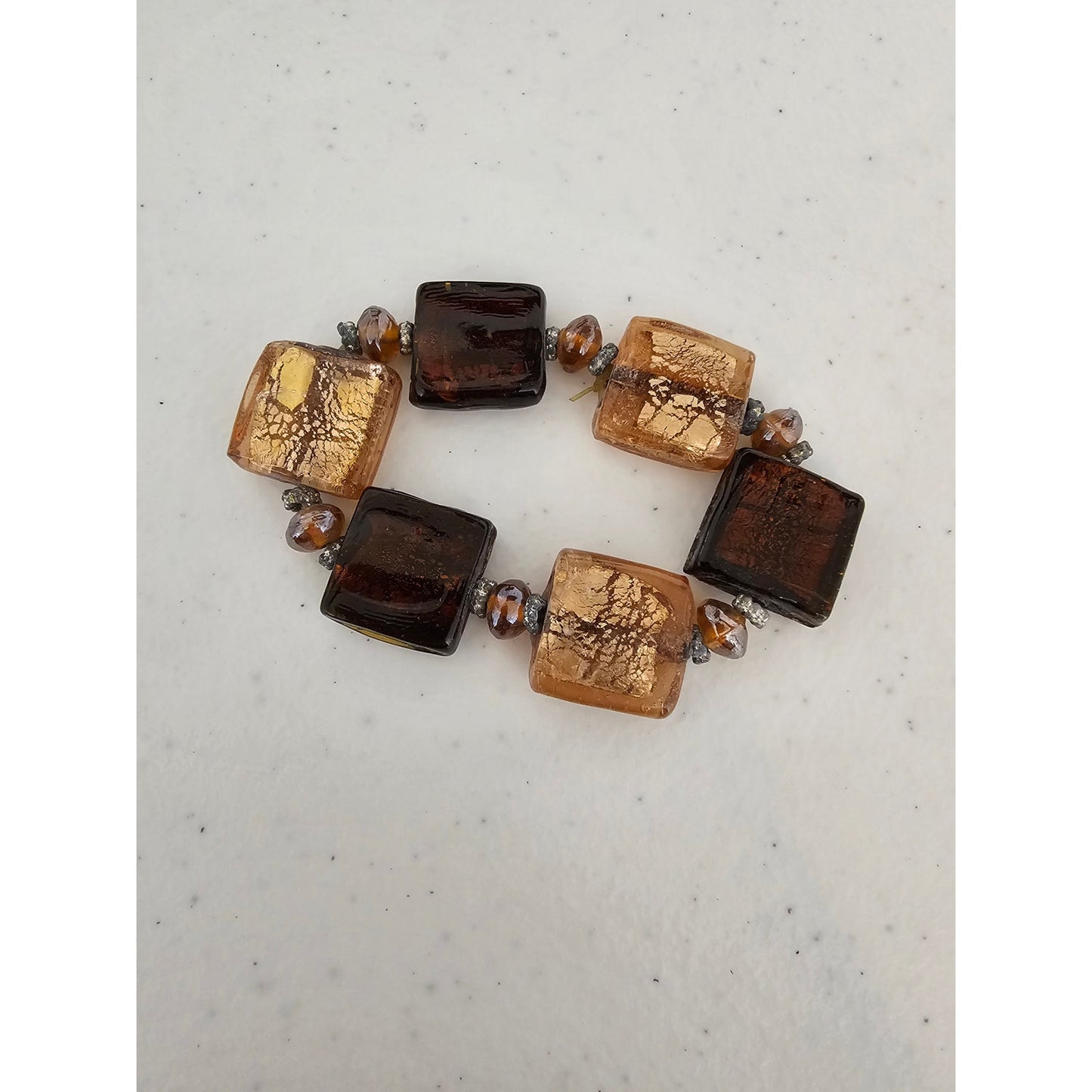 Vintage 1980s Glass Beaded Single Strand Bracelet Brown Yellow Tone Art To Wear