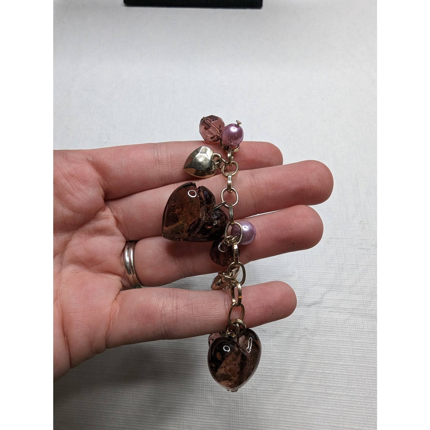 Vintage Y2K womens Chain Charm Bracelet Heart Shaped Glass Beads Purple