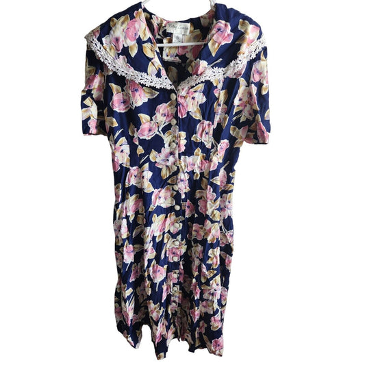 Vintage 1980s Betsey Lauren Womens Sz 10 Midi Dress Bold Blue Floral Smocked