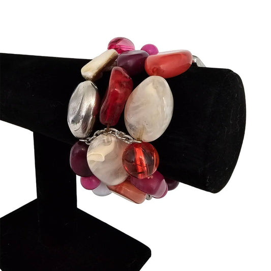 Vintage 1990s Multi Strand Beaded Bracelet Stones Shades of Red and Pink