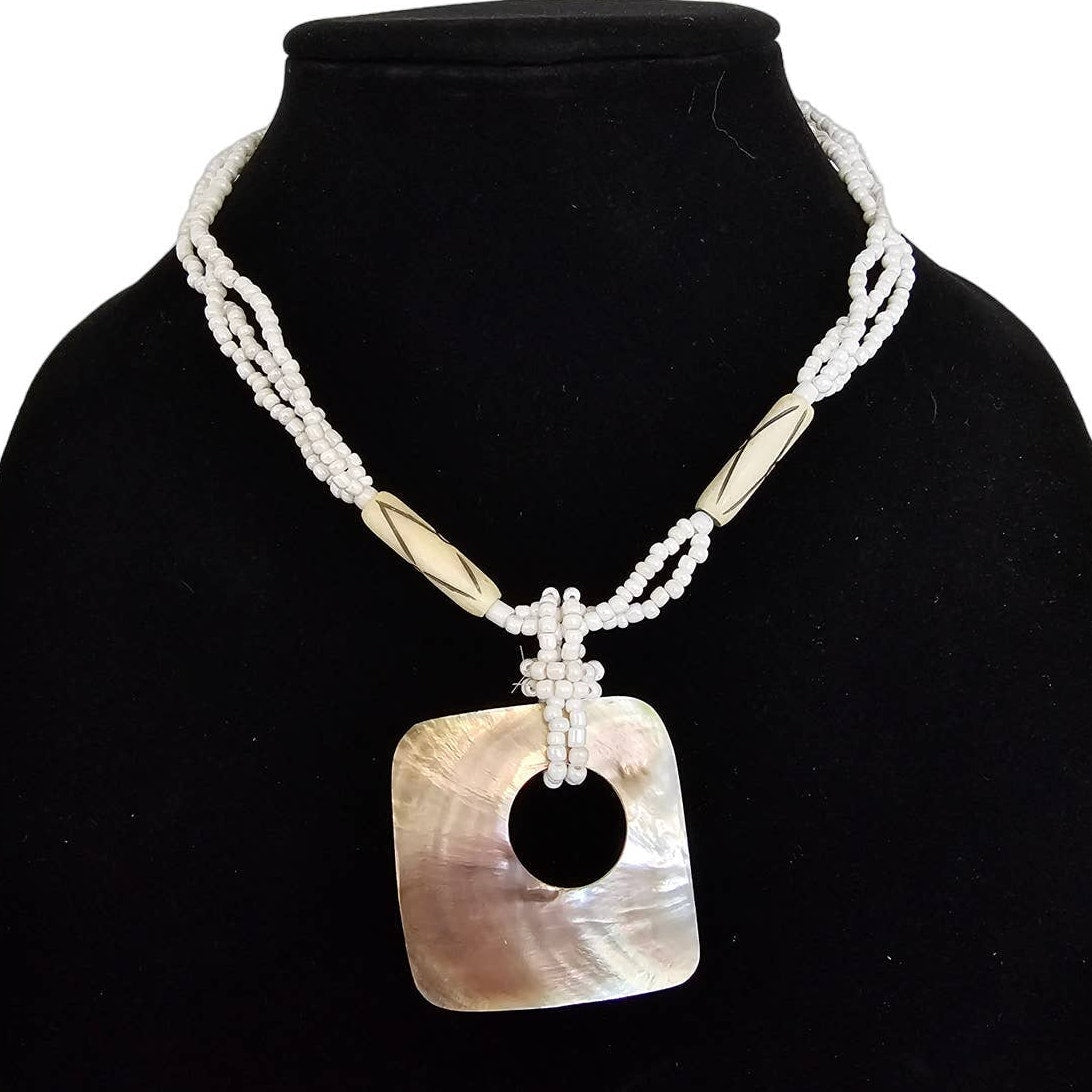 Vintage 1980s Pendant Style Mother of Pearl Necklace White Seed Bead