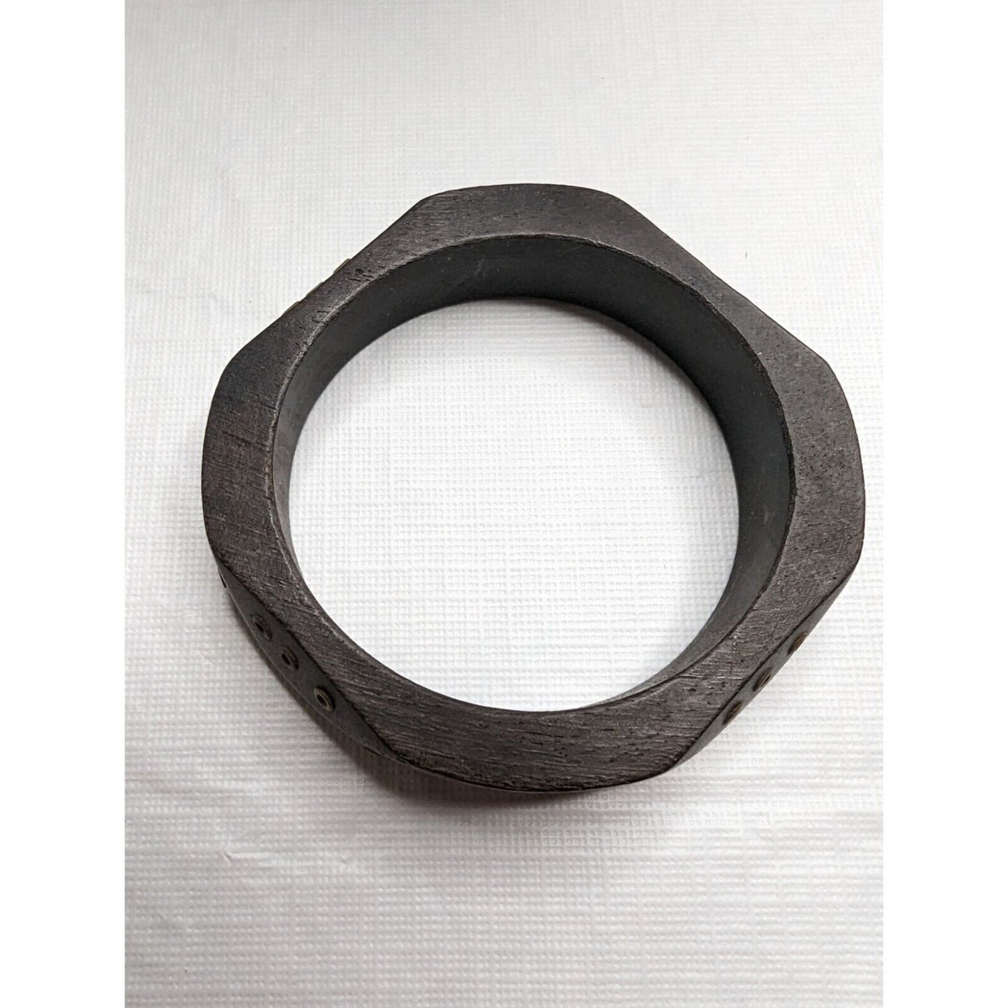 Vintage Dark Brown Wooden Bangle Bracelet Gold Studs Asymmetrical