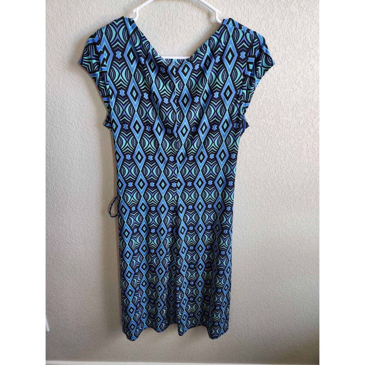 Jones Studio Womens Sz 10 Midi Dress Blue Purple Geometric Faux Wrap