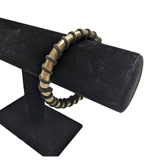 Vintage 1970s Womens Round Bangle Bracelet Fold Tone Leather Wrapped