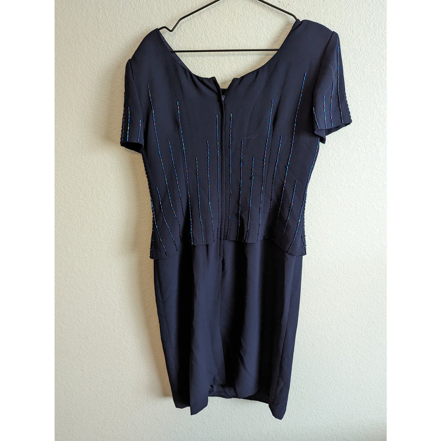 Talbots Womens Sz 8 Navy Blue Beaded Midi Dress Short Sleeve Formal