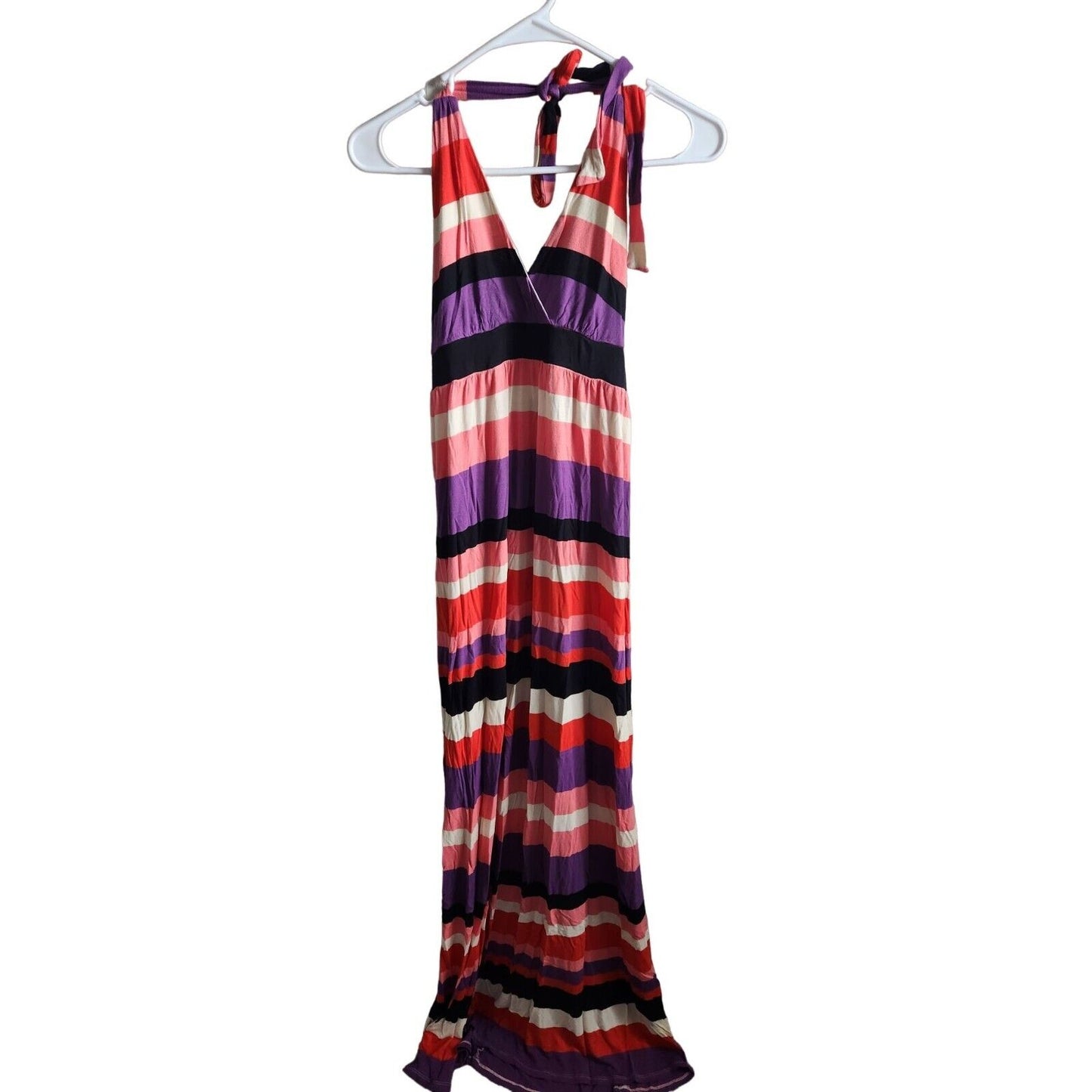 Felicity & Coco Womens Sz M Maxi Halter Dress Pink Purple Black Striped