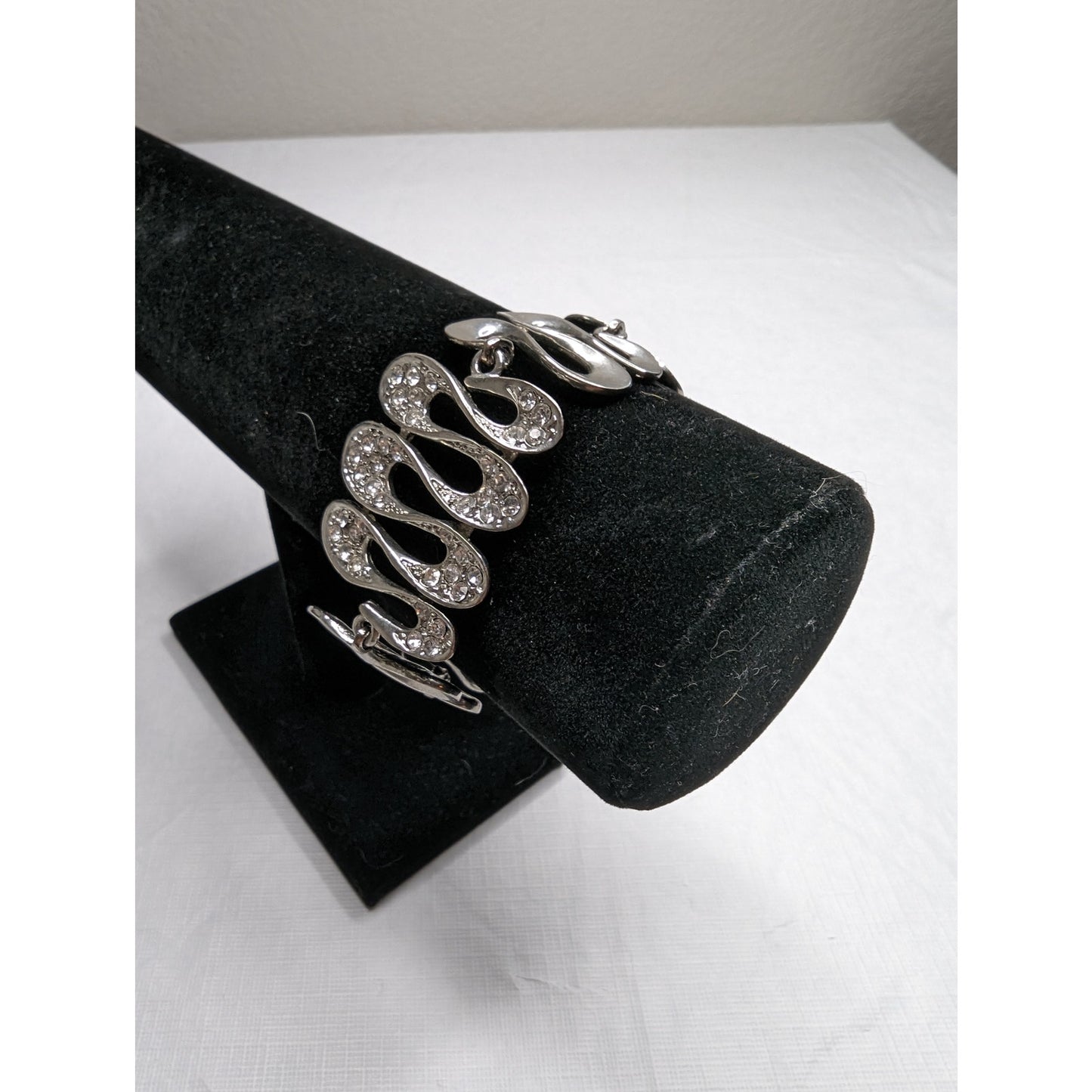 Vintage Y2K Silver and Rhinestone Bangle Bracelet Wide