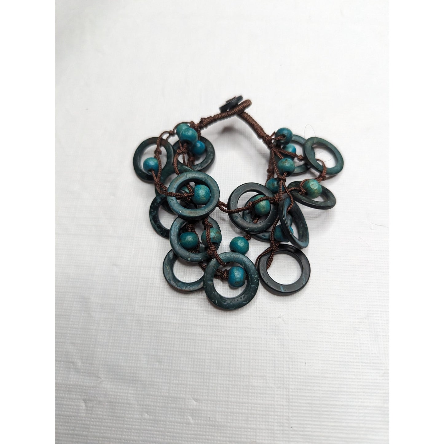 Vintage 1970s Teal Wooden BEaded Tiered Chunky Bracelet Brown String