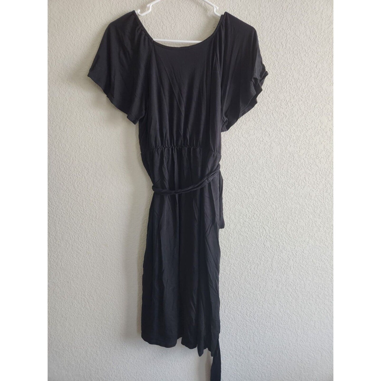 Merona Womens Sz M Knee Length Belted Short Sleeve Dress Solid Black