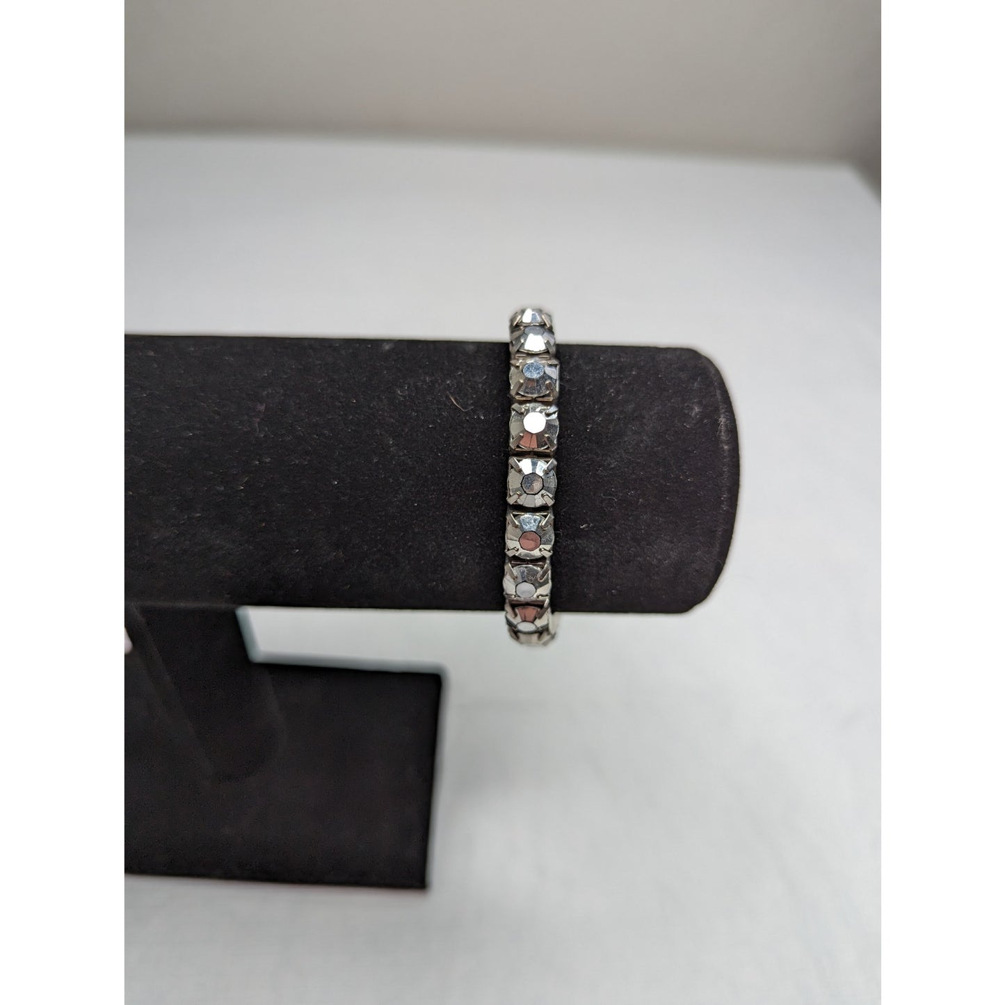 Vintage 1990s Silver Rhinestone Stretch Bracelet Diamond Shapes