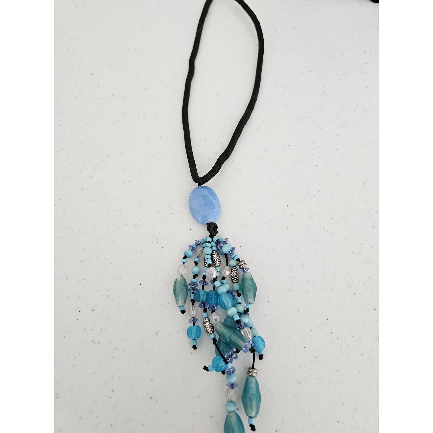 Vintage Mid Century Glass Beaded Fringe Necklace Light Blue Brown Boho