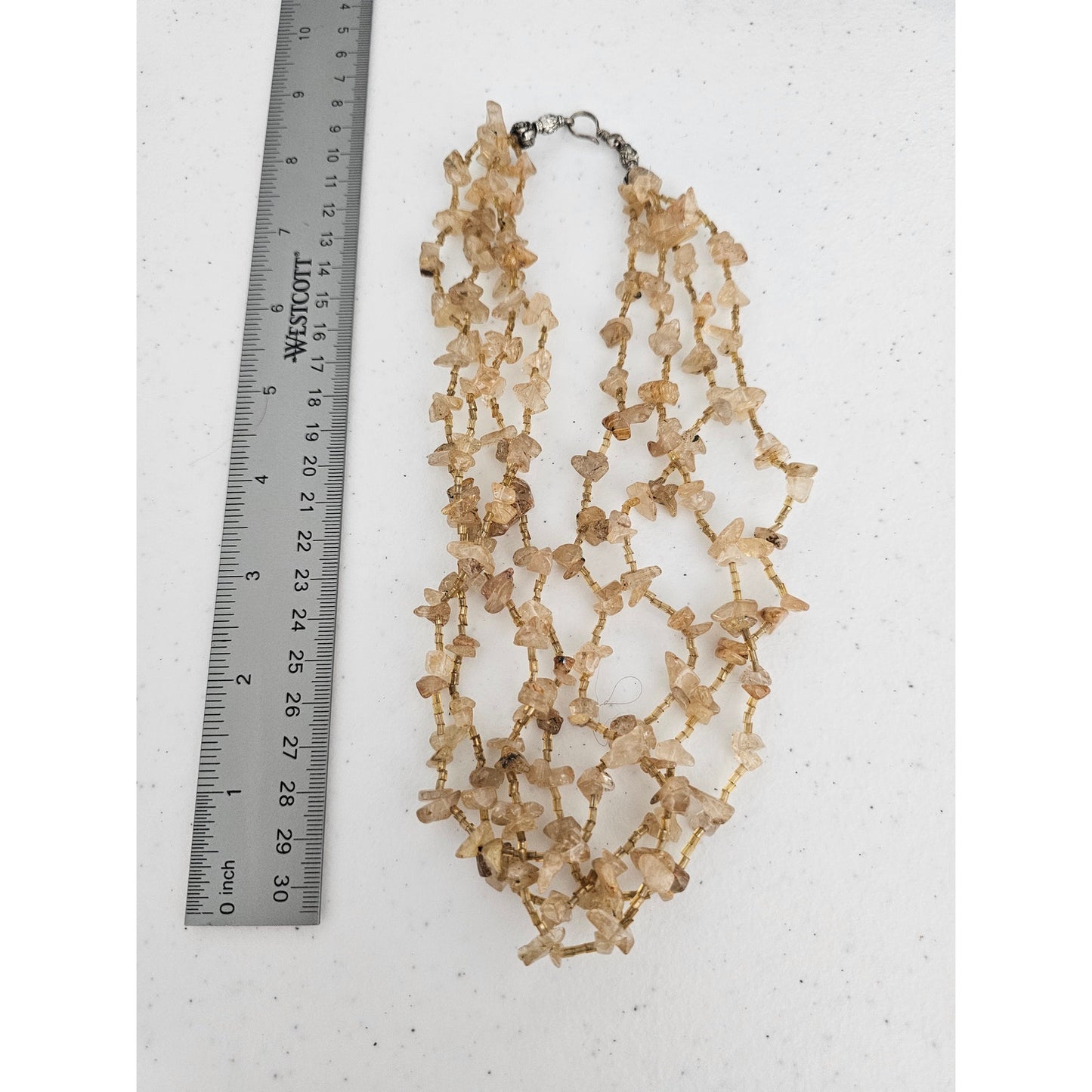 Vintage Mid Century Multi Strand Chip Stone Necklace Light Amber