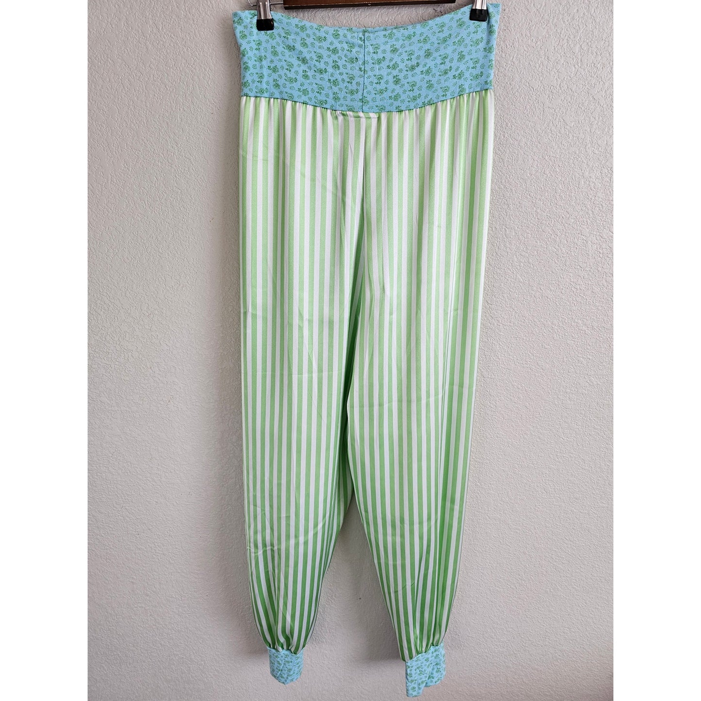 Ver'e'ne Womens Sz S Pull On Jogger Hsren Pants Satin Green White Striped Blue