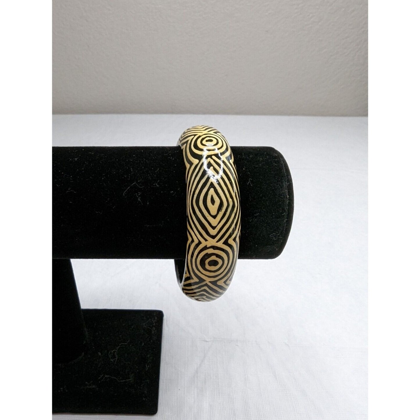 Vintage Black and Ivory Hand Painted Wooden Bangle Bracelet