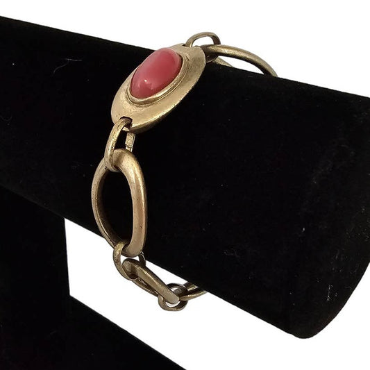 Vintage Mid Century Gold Tone Chain Bracelet w/ Coral Stone Inset