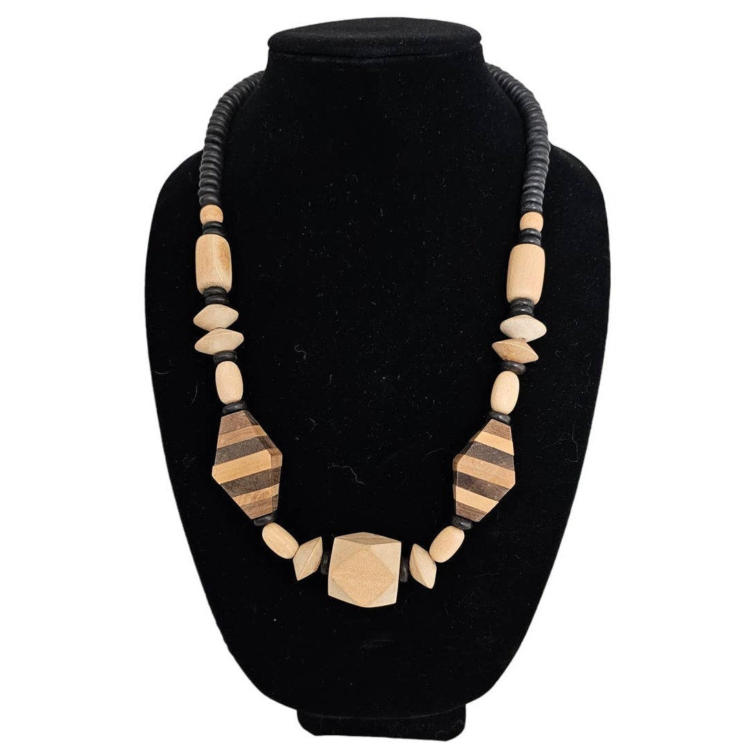 Vintage Mid Century Chunky Wooden Beaded Necklace Brown Geometric