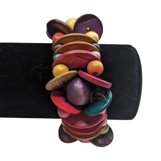 Vintage 1980s Chunky Wooden Beaded Bracelet Colorful Beads