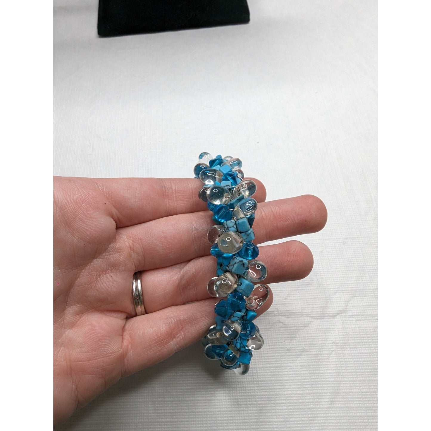 Vintage 1990s Glass Beaded Bangle Bracelet Blue and Clear Beads