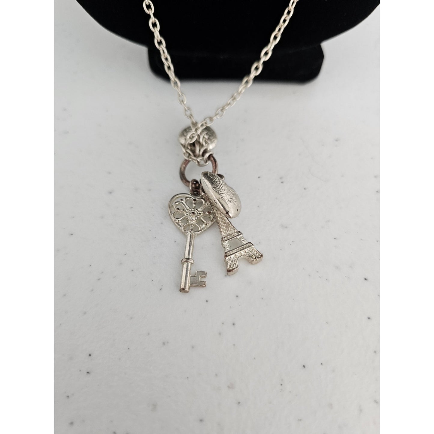 Vintage Y2K Silver Tone Charm Necklace Eiffel Tower Hearts and Key