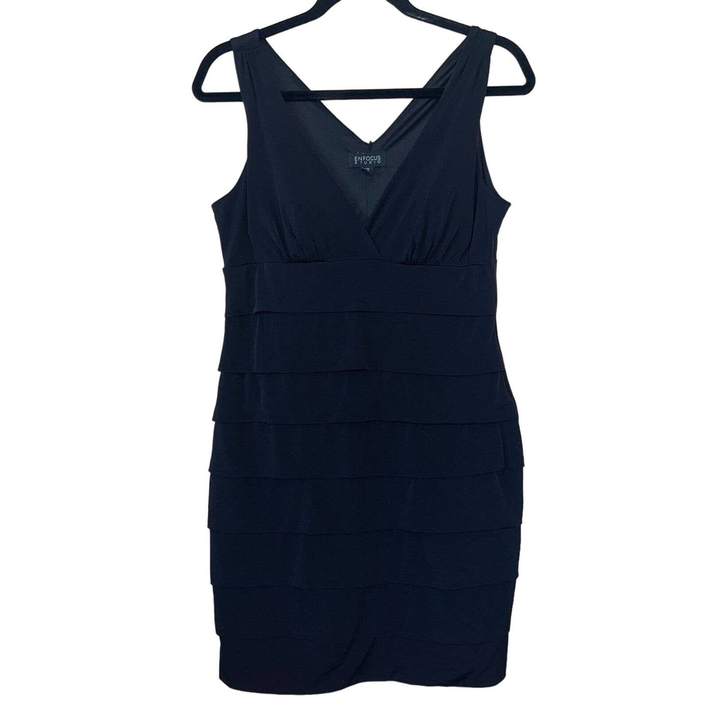 Enfocus Studio Womens Sz 12 Black Tiered Dress V Neck Sleeveless