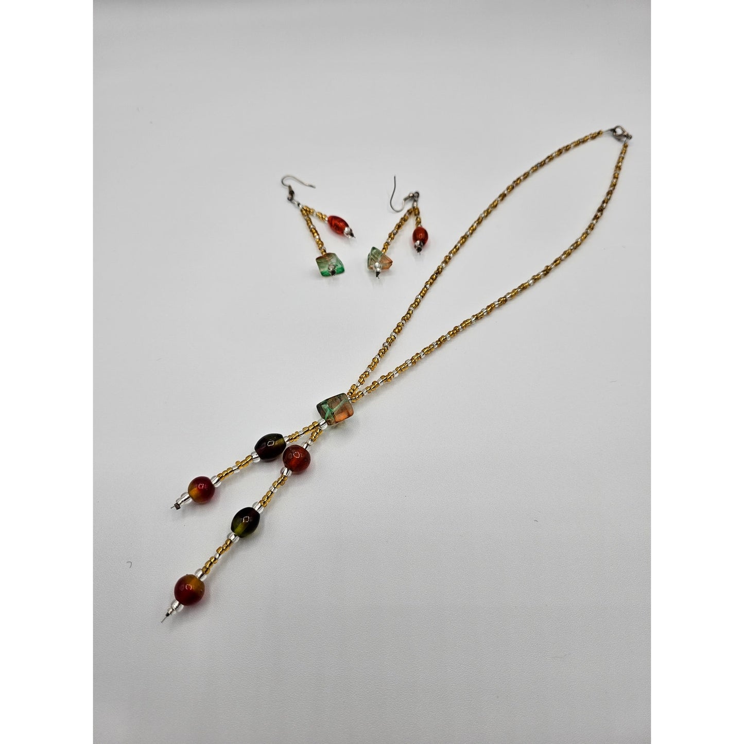 Vintage Glass Seed Bead Necklace and Earrings Set Gold Red Art to Wear