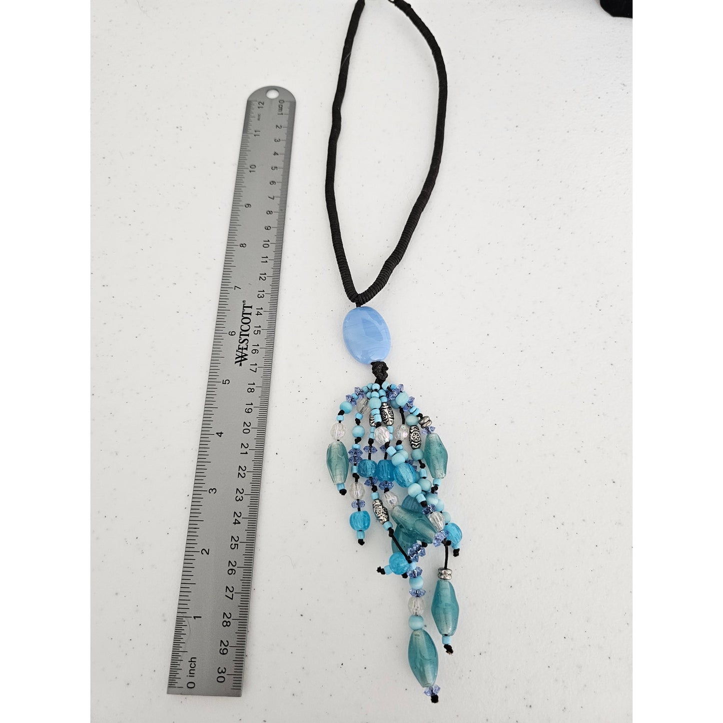 Vintage Mid Century Glass Beaded Fringe Necklace Light Blue Brown Boho
