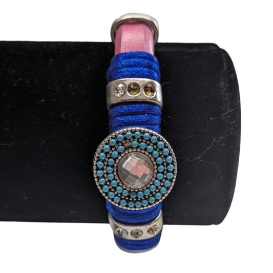 Vintage 1970s Mixed Media Magnetic Closure Bracelet Cuff Leather Colorful