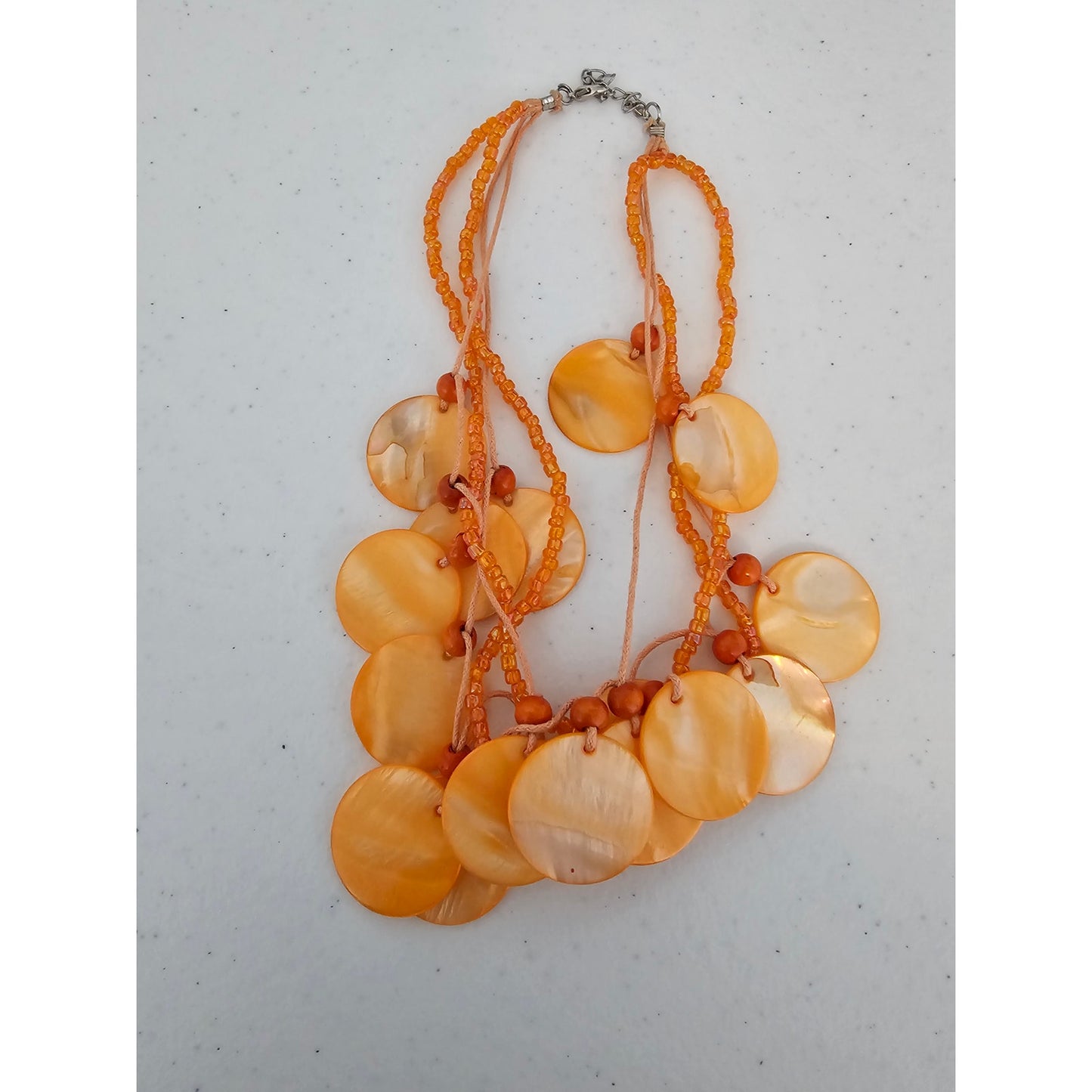 Vintage 1980s Pastel Orange Layered Disk Beaded Necklace Mother of Pearl