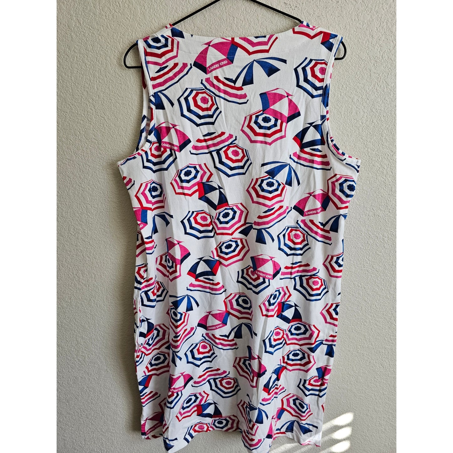 Lands End Womens Sz L Knee Length Sleeveless Shirt Dress Umbrella Print Cotton