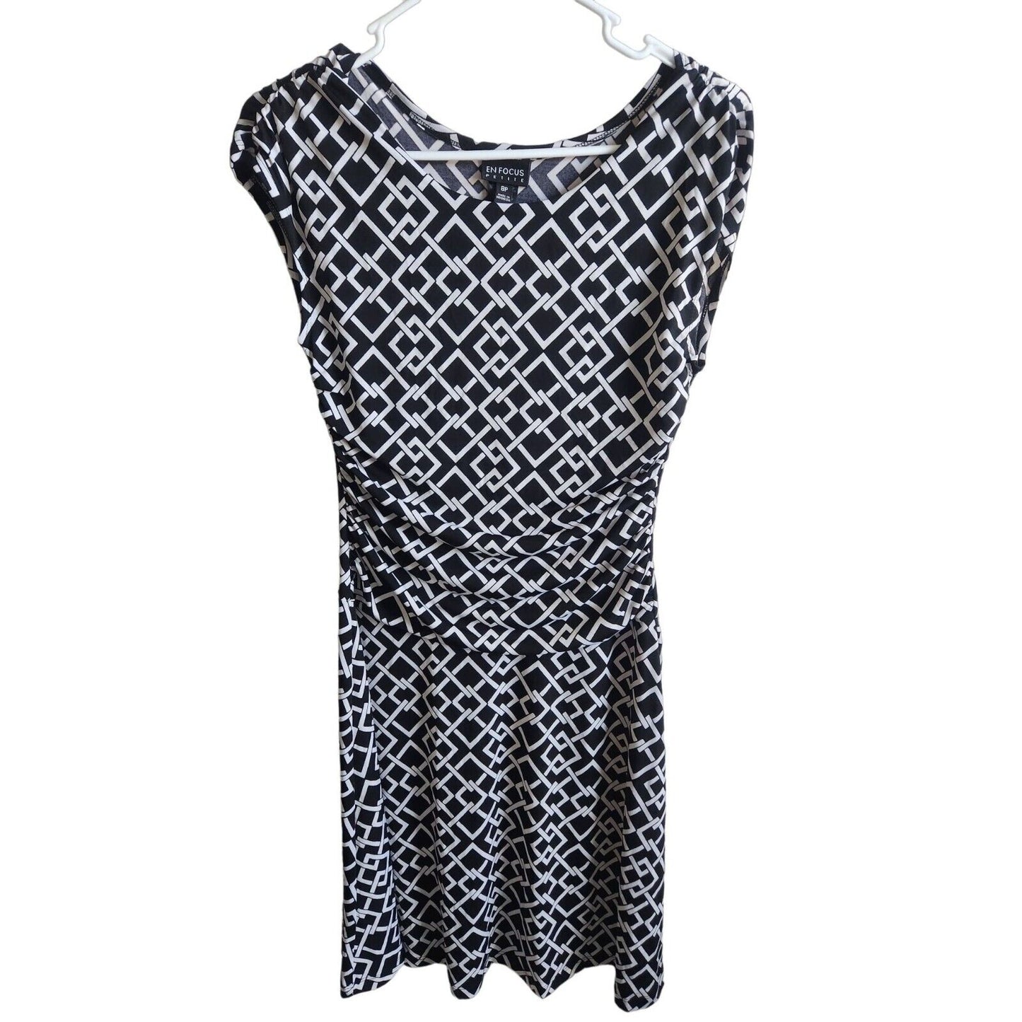 En Focus Studio Womens Sz 8P Petite Midi Dress Black White Geometric Print