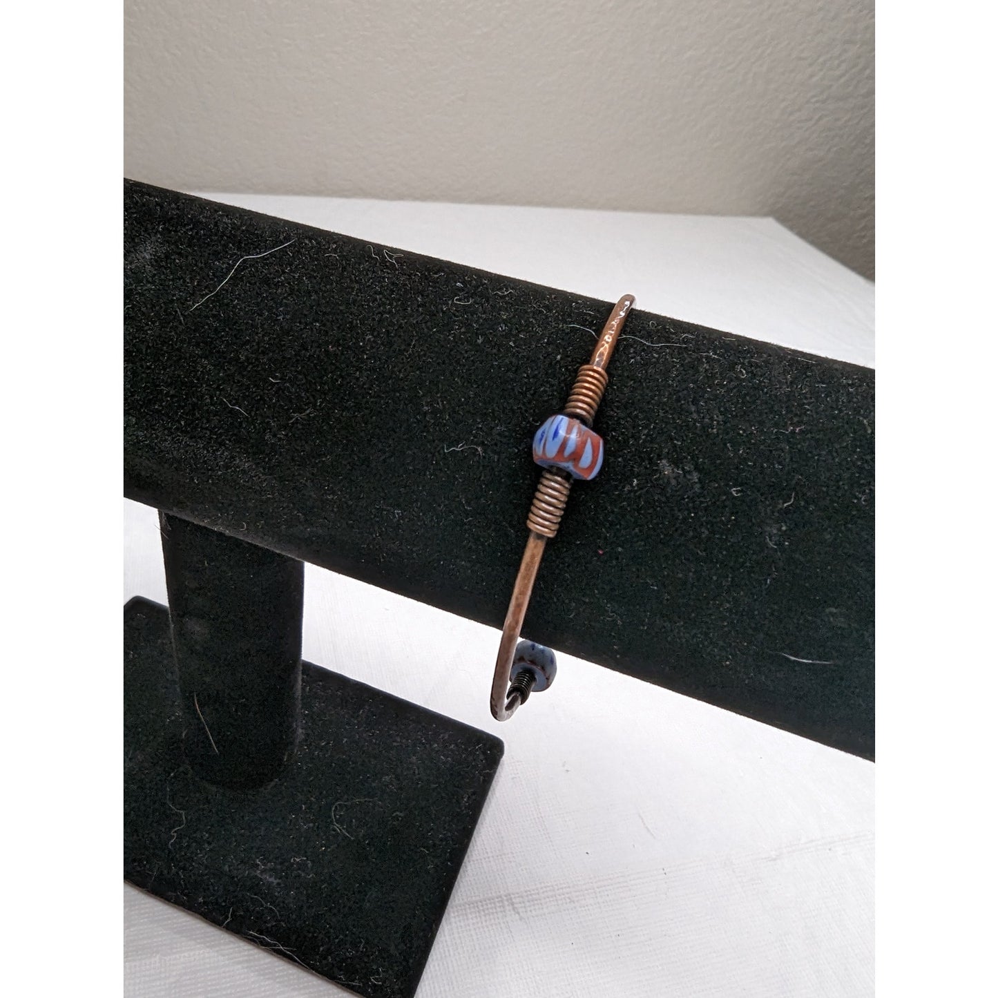 Vintage 1960s Brass Bangle Bracelet W Blue Beads Dainty Small