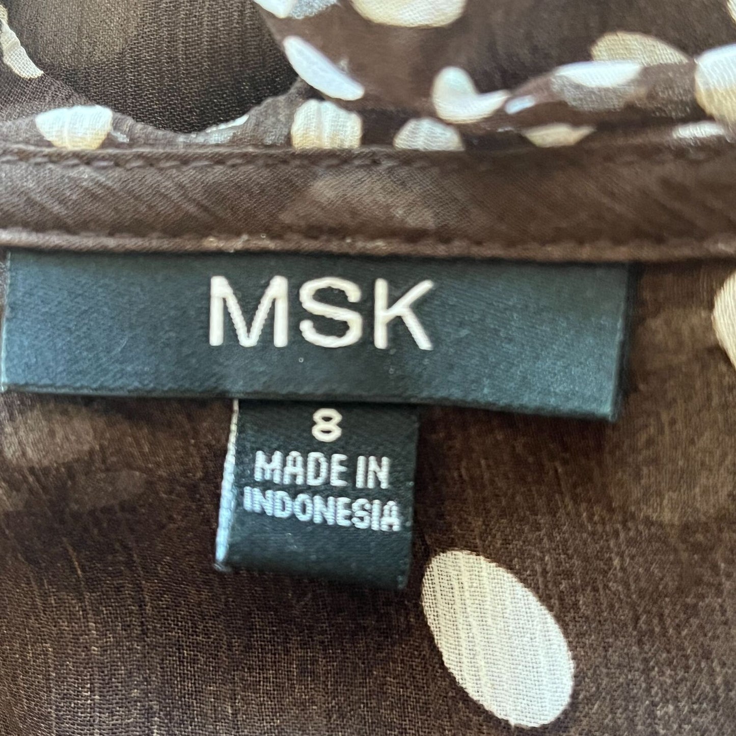 MSK Womens Sz 8 Midi Brown and White Polka Dot Semi Sheer Dress V Neck