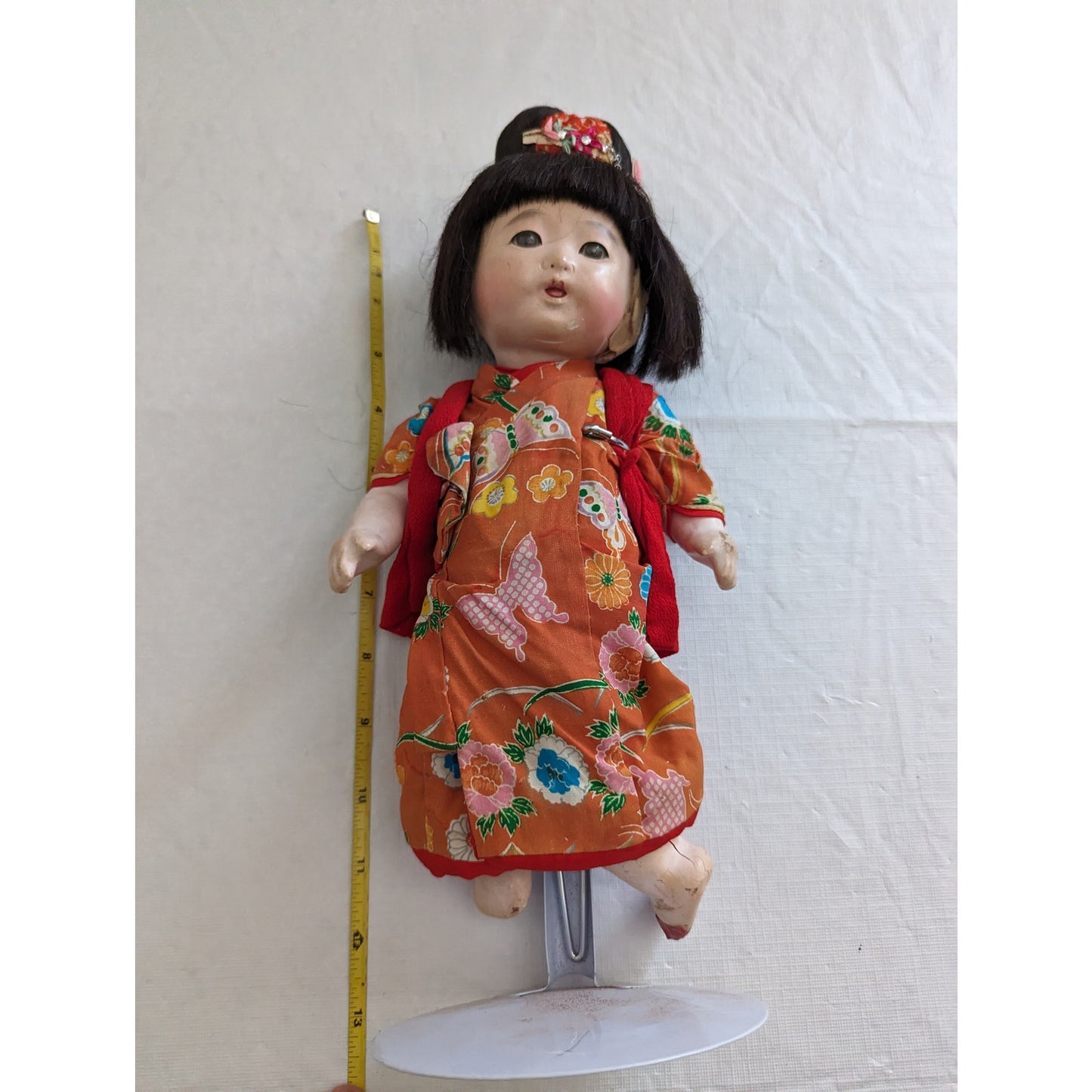 Vintage Japanese Ichimatsu Girl Doll Red Robe over Red Floral Print Kimono 12"