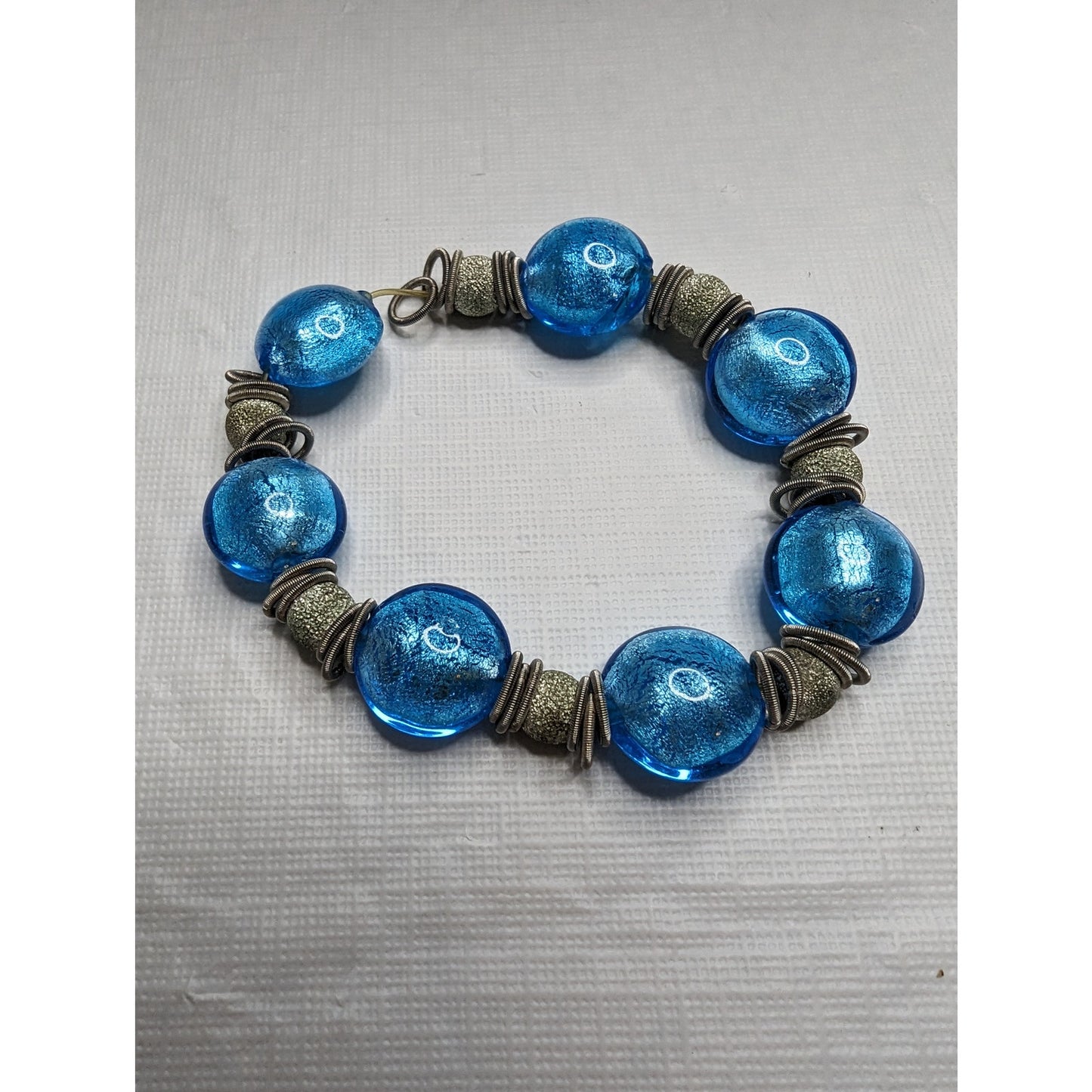 Vintage Single Strand Glass Beaded Bracelet Blue and Silver