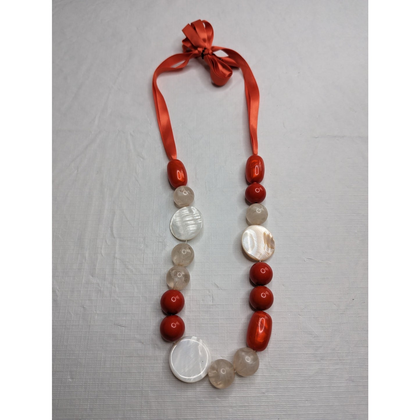 Vintage Single Strand Ribbon Glass Beaded Necklace Red White Beads