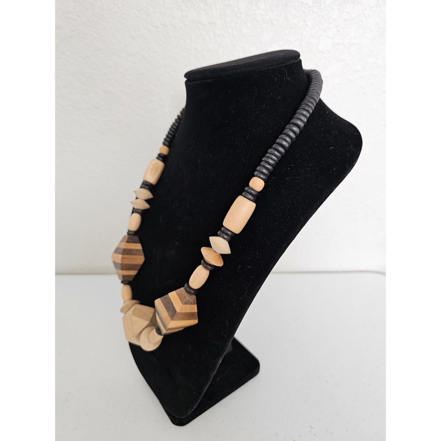 Vintage Mid Century Chunky Wooden Beaded Necklace Brown Geometric