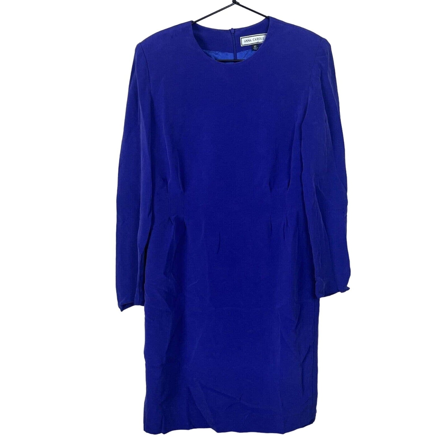Vintage Anna Carole Womens Sz 10 Solid Blue Knee Length Dress Long Sleeve