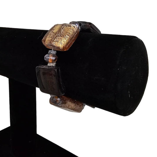 Vintage 1980s Glass Beaded Single Strand Bracelet Brown Yellow Tone Art To Wear