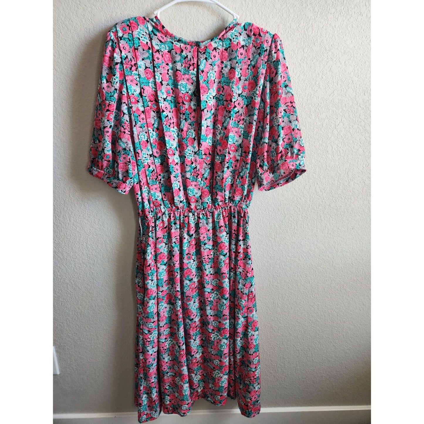 Vintage 1980s Womens Sz L Short Sleeve Full Bright Floral Midi Dress