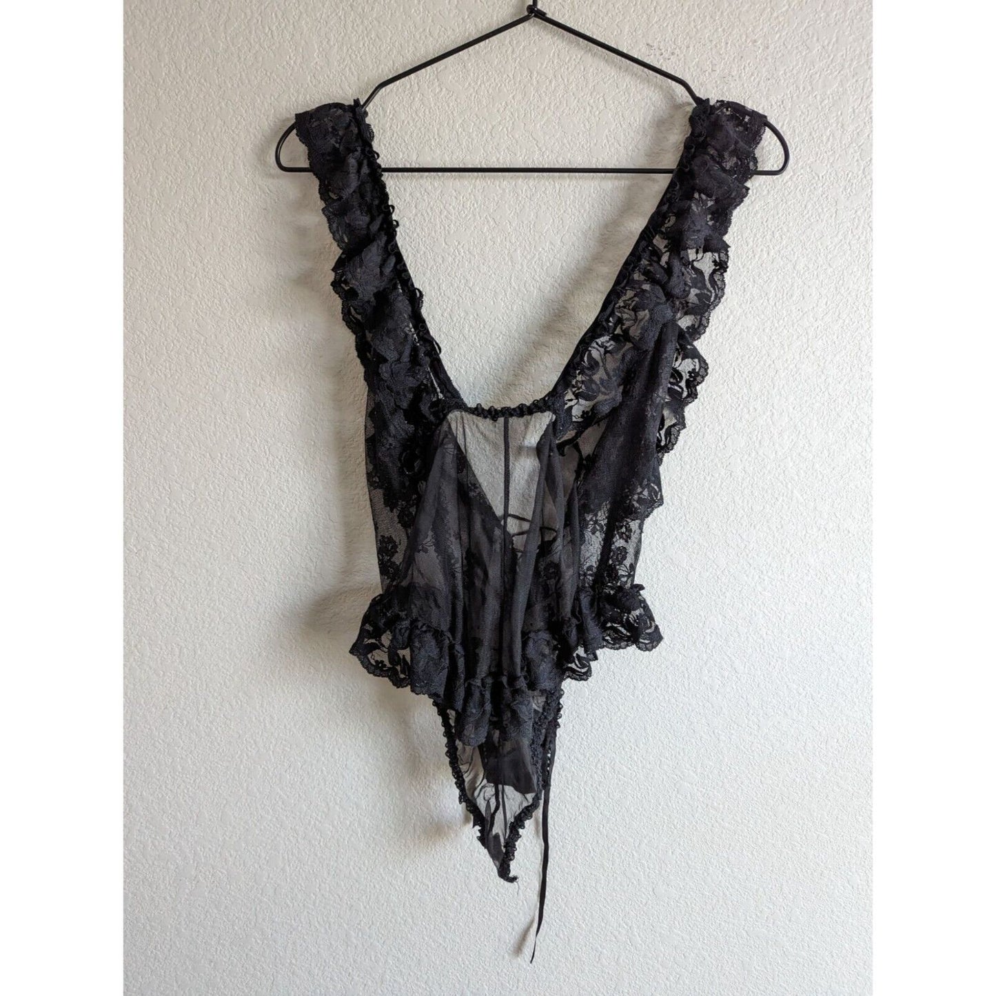 Vintage E Bole Womens Sz M Black Lace Thong Teddy Nightie Green Ribbon