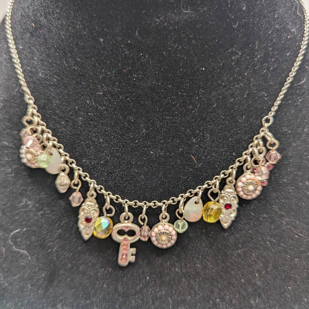 Vintage Y2K Multi Pendant Dainty Necklace Key Pink and Silver