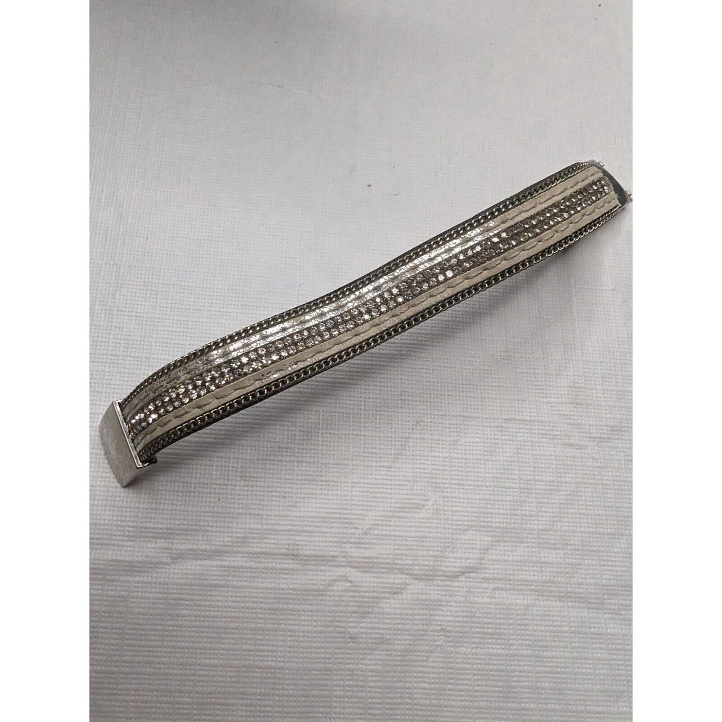 Vintage Leather and Rhinestone Bangle Cuff Bracelet Magnetic Closure Boho