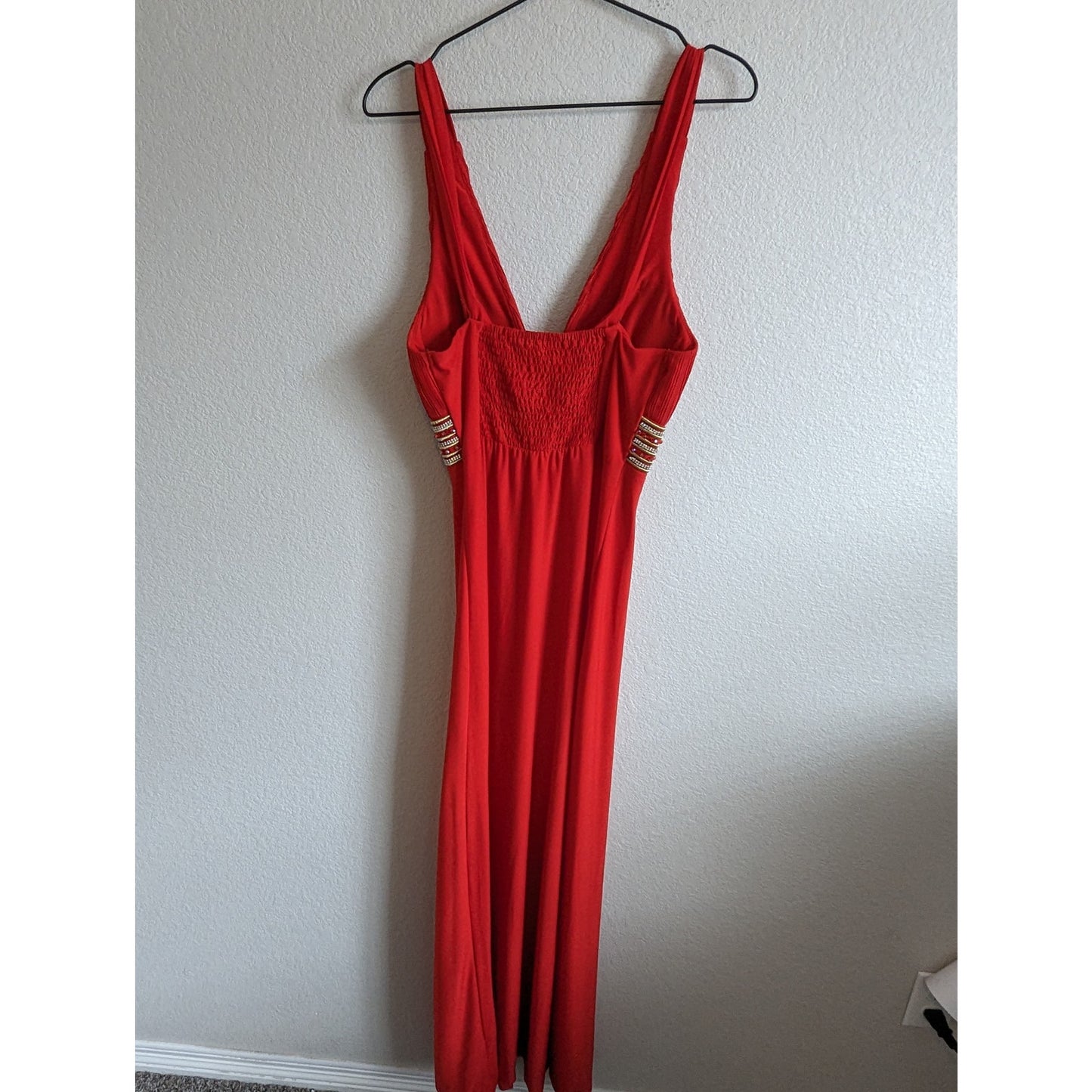 Lucas & Emma Womens Sz S Formal Maxi Dress Red Rhinestone Micro Pleat