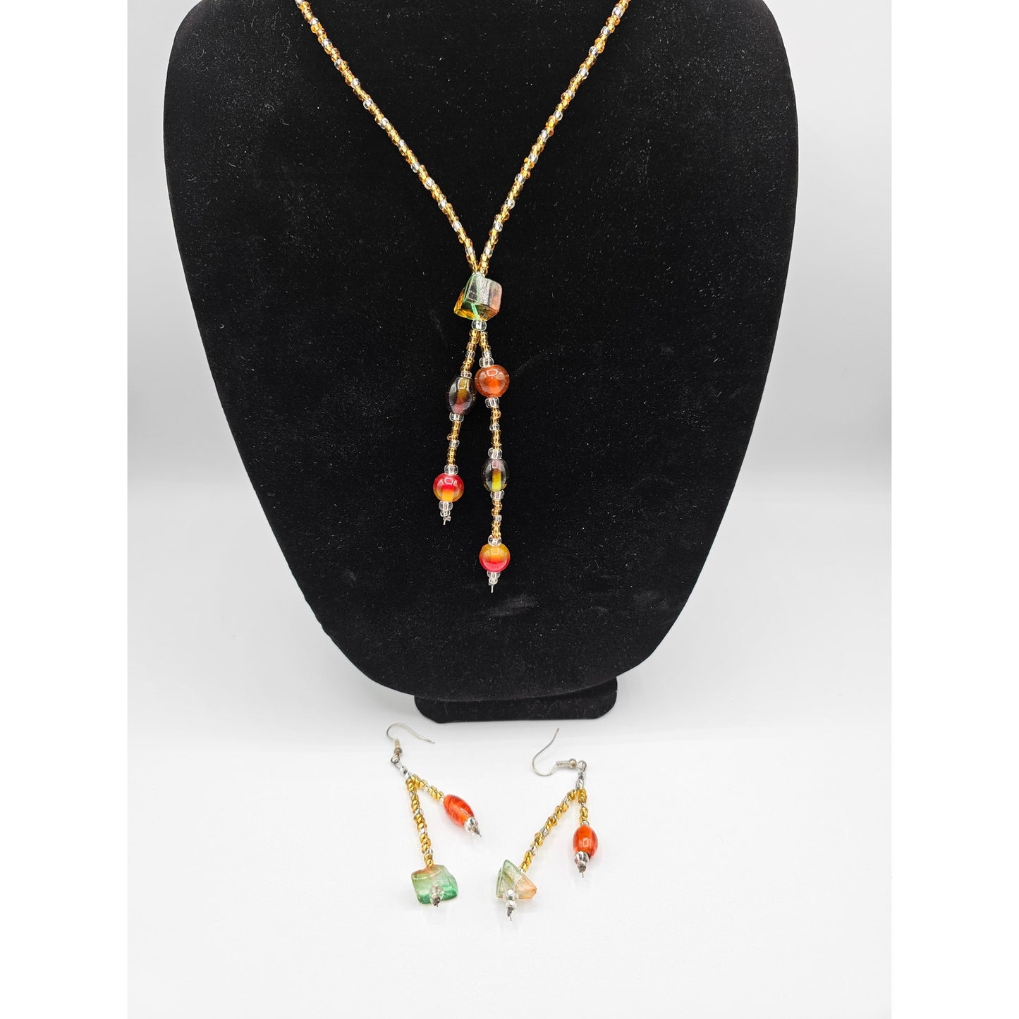 Vintage Glass Seed Bead Necklace and Earrings Set Gold Red Art to Wear