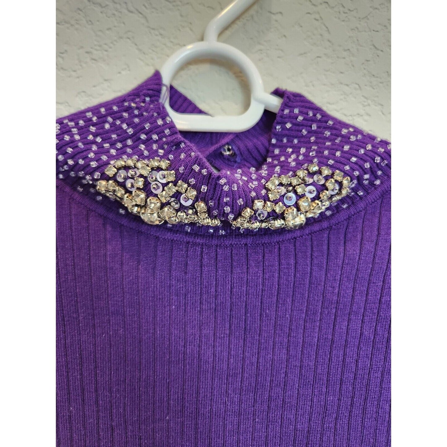 Nikibiki Womens Sz L Ribbed Mini Sweater Dress Purple Rhinestone Collar Y2K
