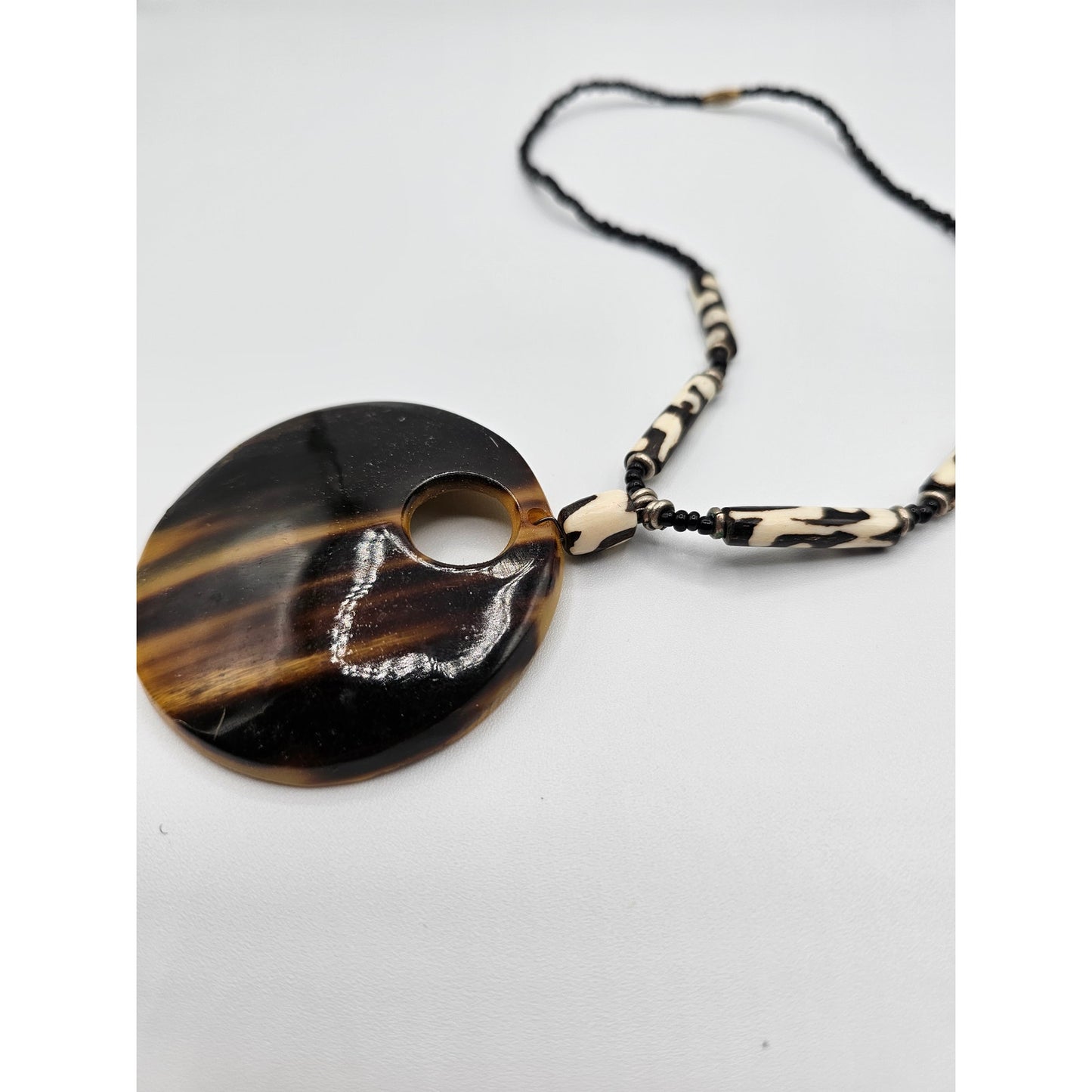 Vintage Amber Tigers Eye Style Pendant Necklace w/ Glass Beads Art to Wear