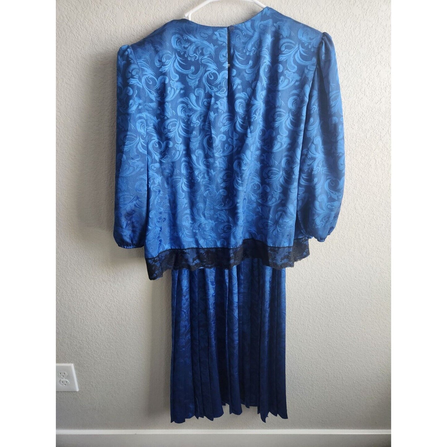 Vintage 1970s Tina Barrie Womens Sz L Formal Dress Blue Satin Floral