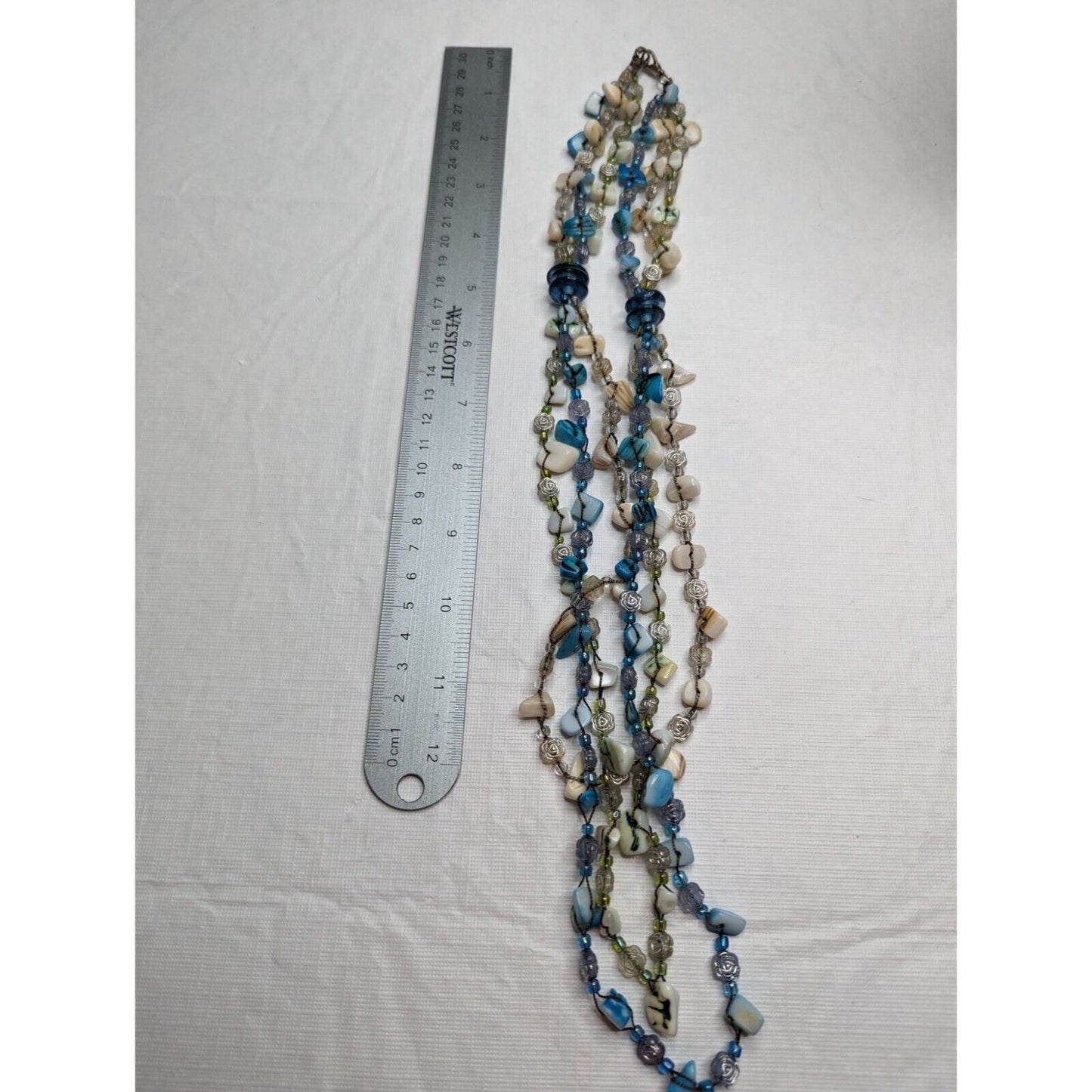 Vintage Multi Strand Beaded and Rock Necklace Blue Ivory Boho Layered