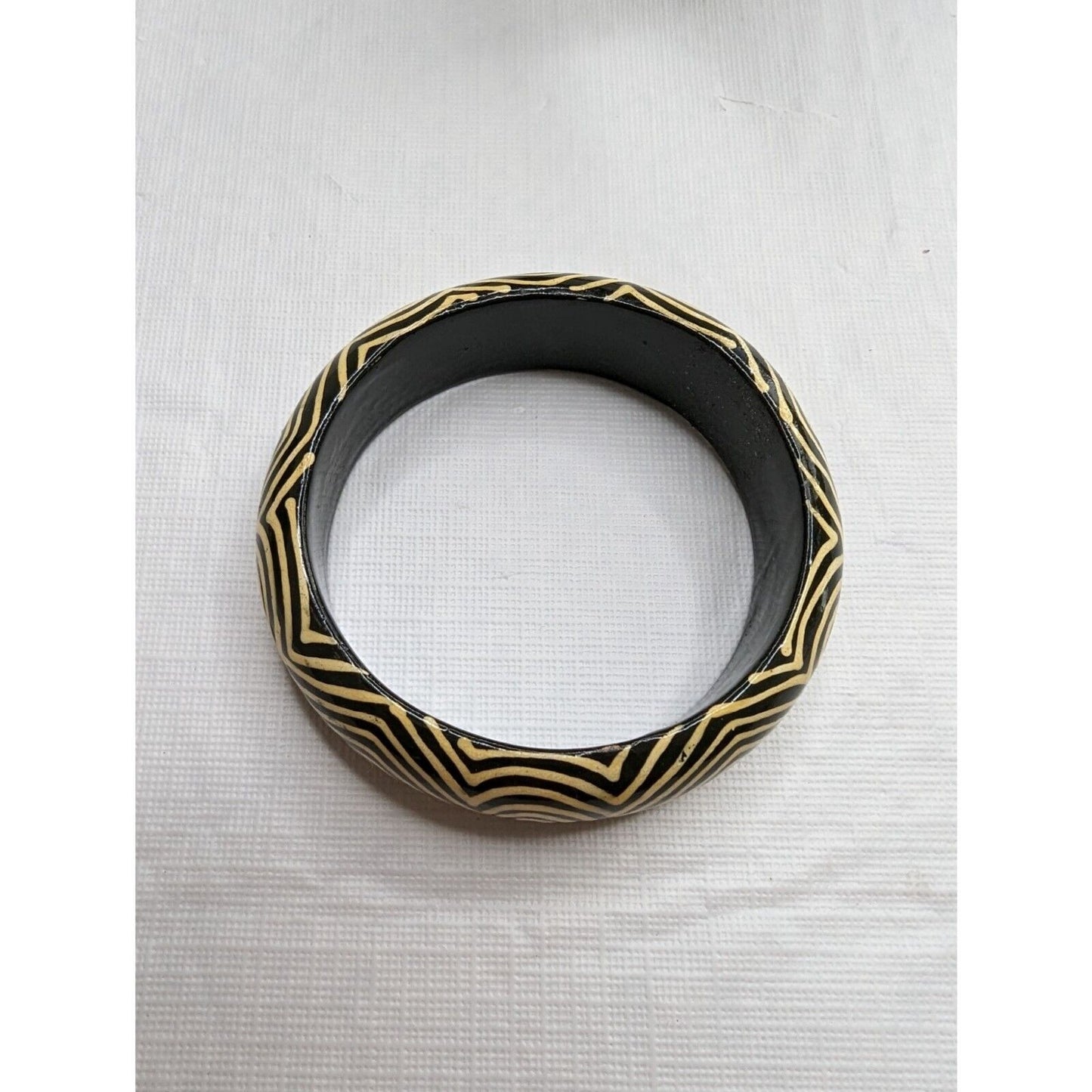 Vintage Black and Ivory Hand Painted Wooden Bangle Bracelet